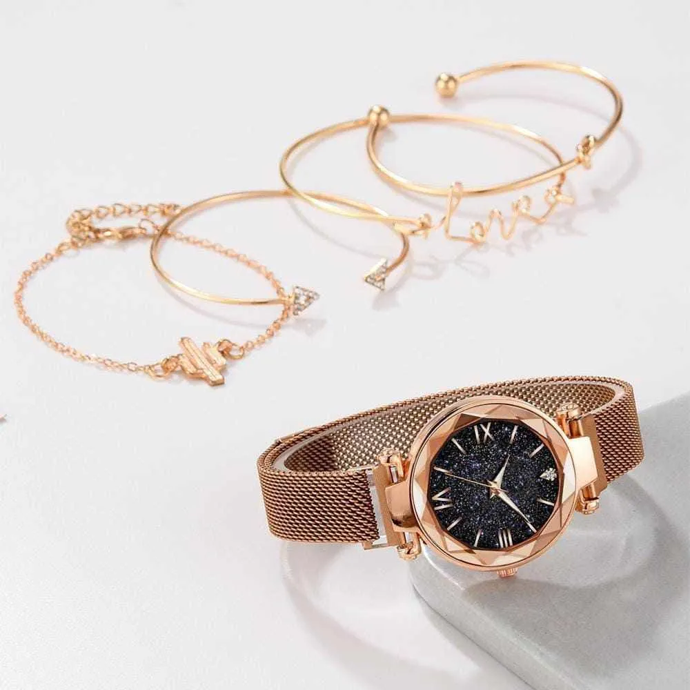 5pcs Set Luxury  Magnetic Starry Sky  Female Clock Quartz Wristwatch