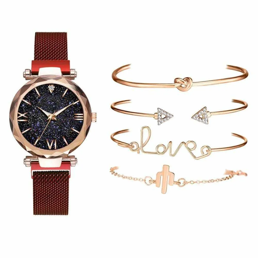 5pcs Set Luxury  Magnetic Starry Sky  Female Clock Quartz Wristwatch
