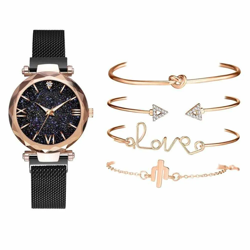 5pcs Set Luxury  Magnetic Starry Sky  Female Clock Quartz Wristwatch