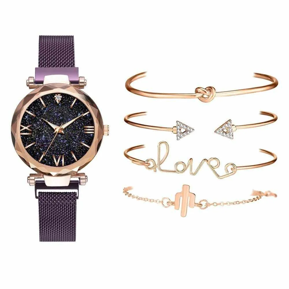 5pcs Set Luxury  Magnetic Starry Sky  Female Clock Quartz Wristwatch