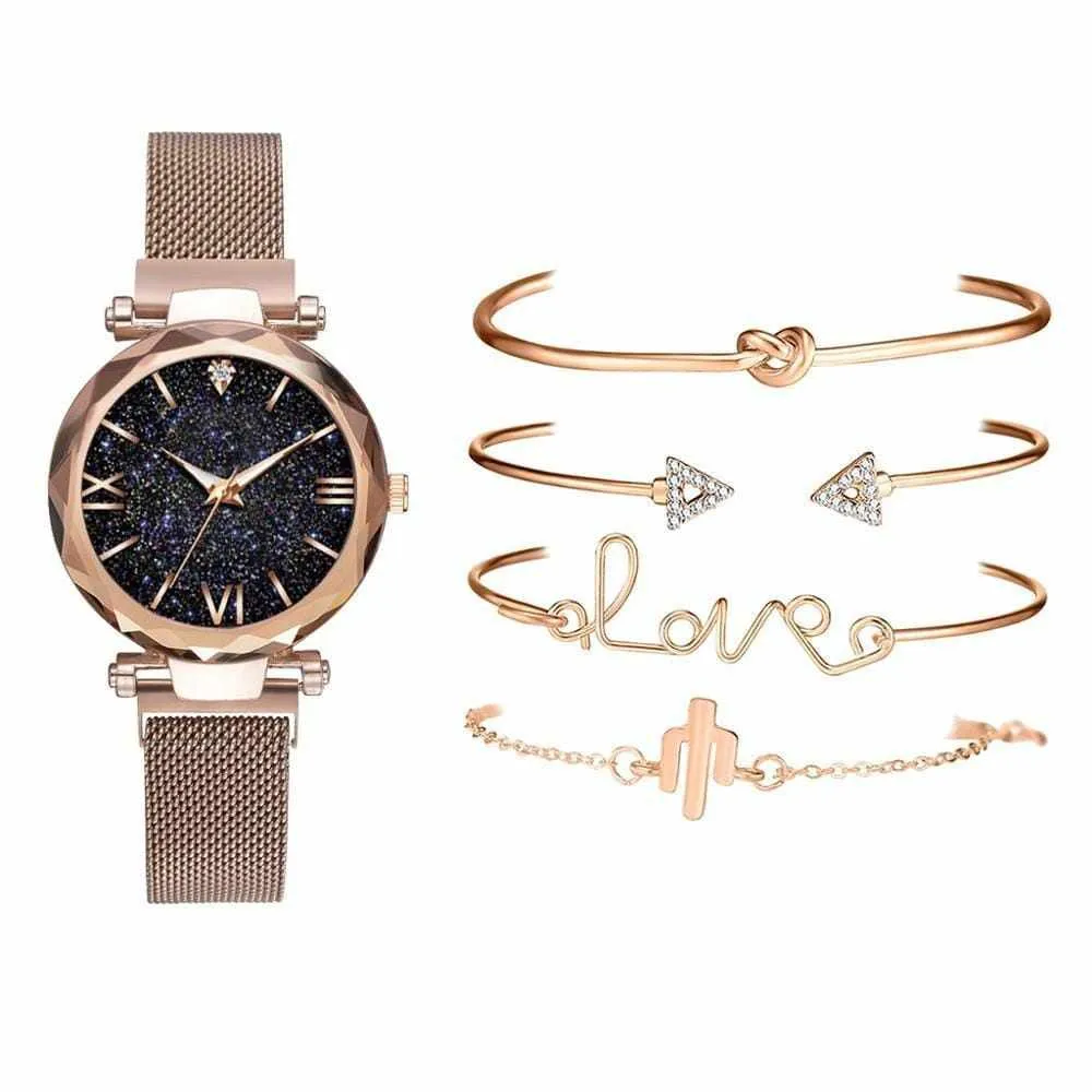 5pcs Set Luxury  Magnetic Starry Sky  Female Clock Quartz Wristwatch
