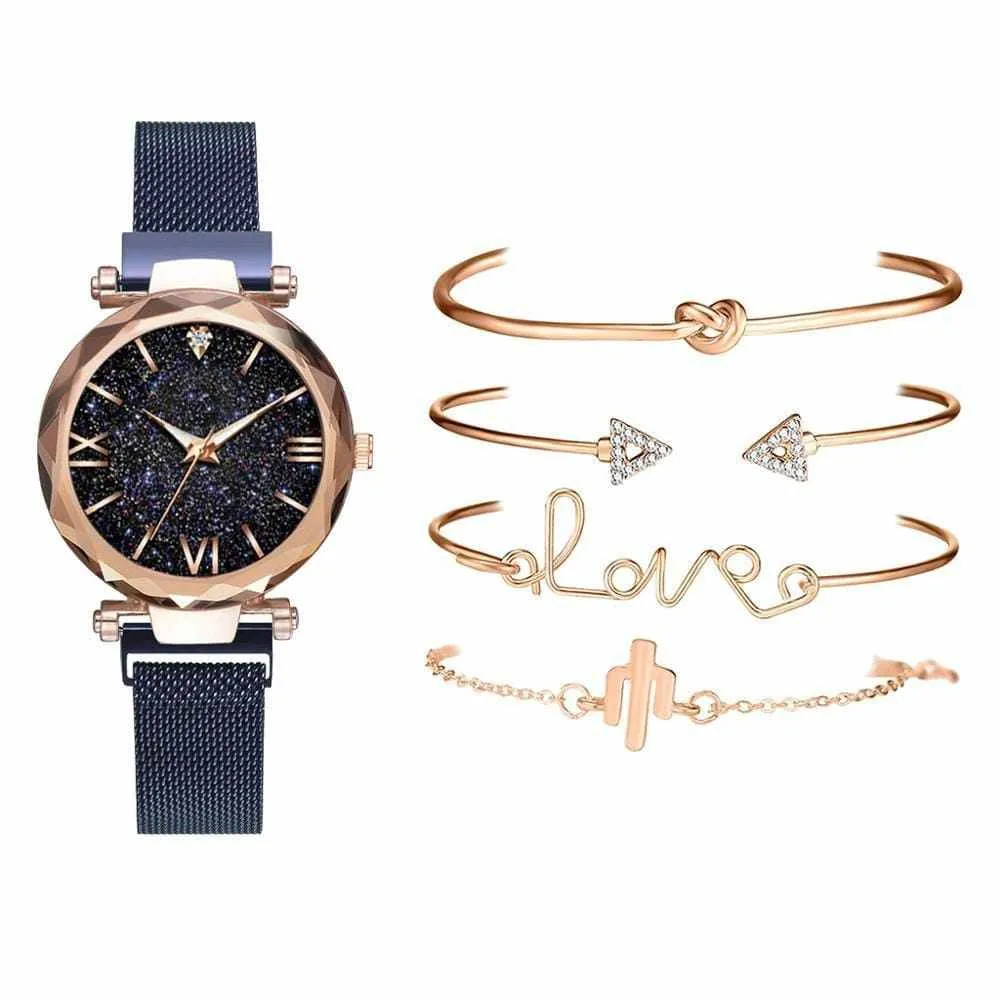 5pcs Set Luxury  Magnetic Starry Sky  Female Clock Quartz Wristwatch