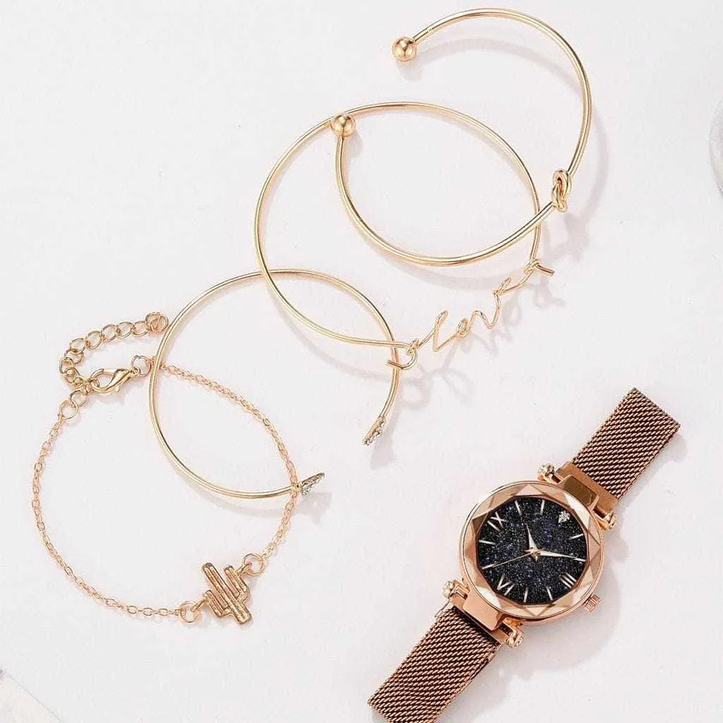 5pcs Set Luxury  Magnetic Starry Sky  Female Clock Quartz Wristwatch