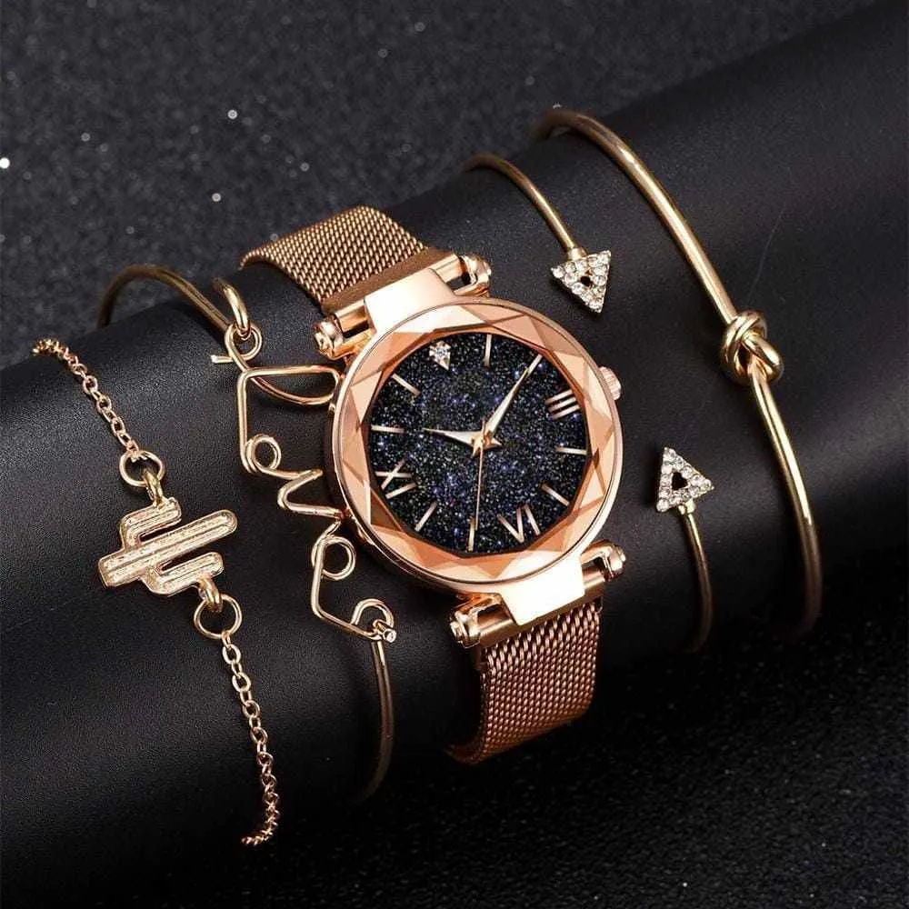 5pcs Set Luxury  Magnetic Starry Sky  Female Clock Quartz Wristwatch