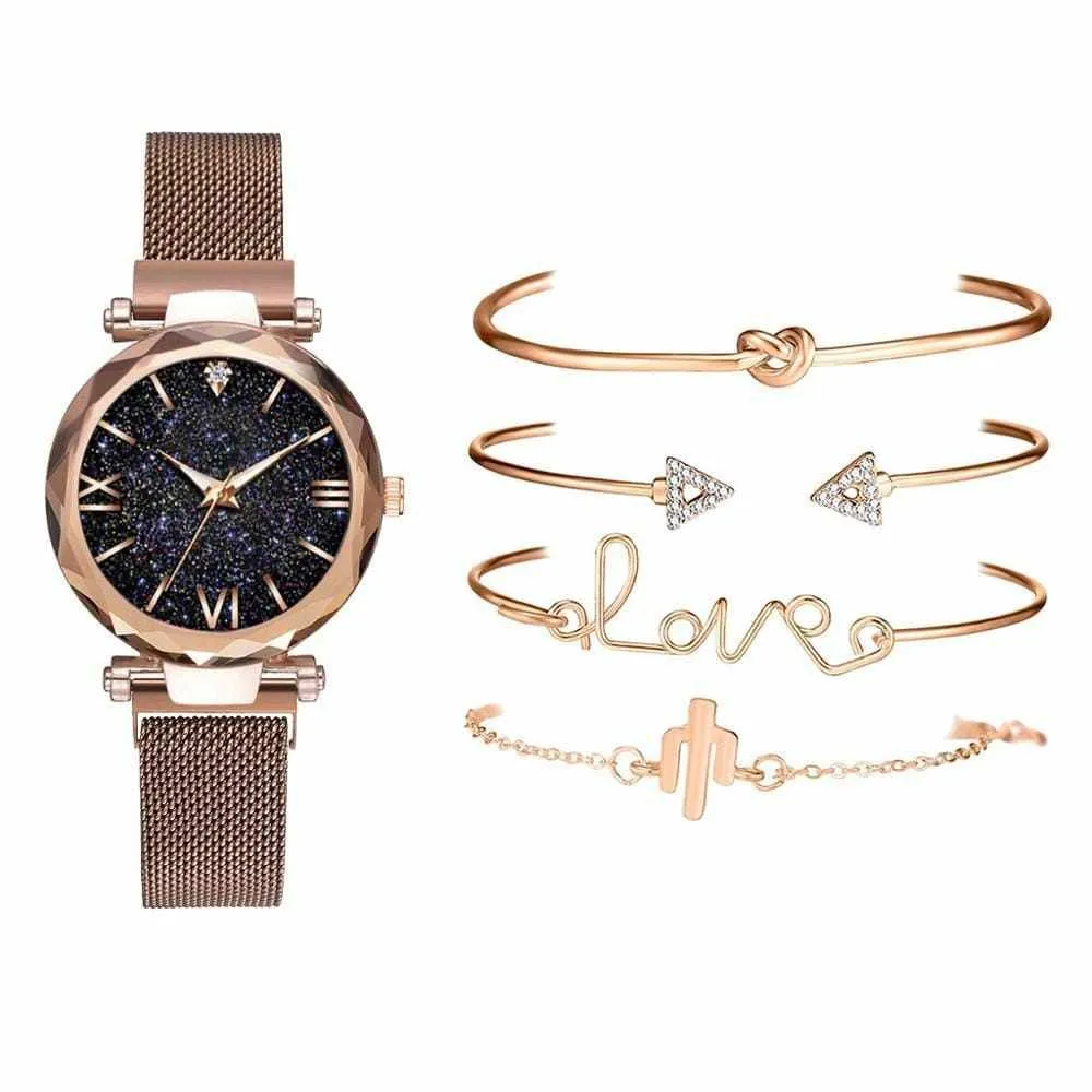 5pcs Set Luxury  Magnetic Starry Sky  Female Clock Quartz Wristwatch