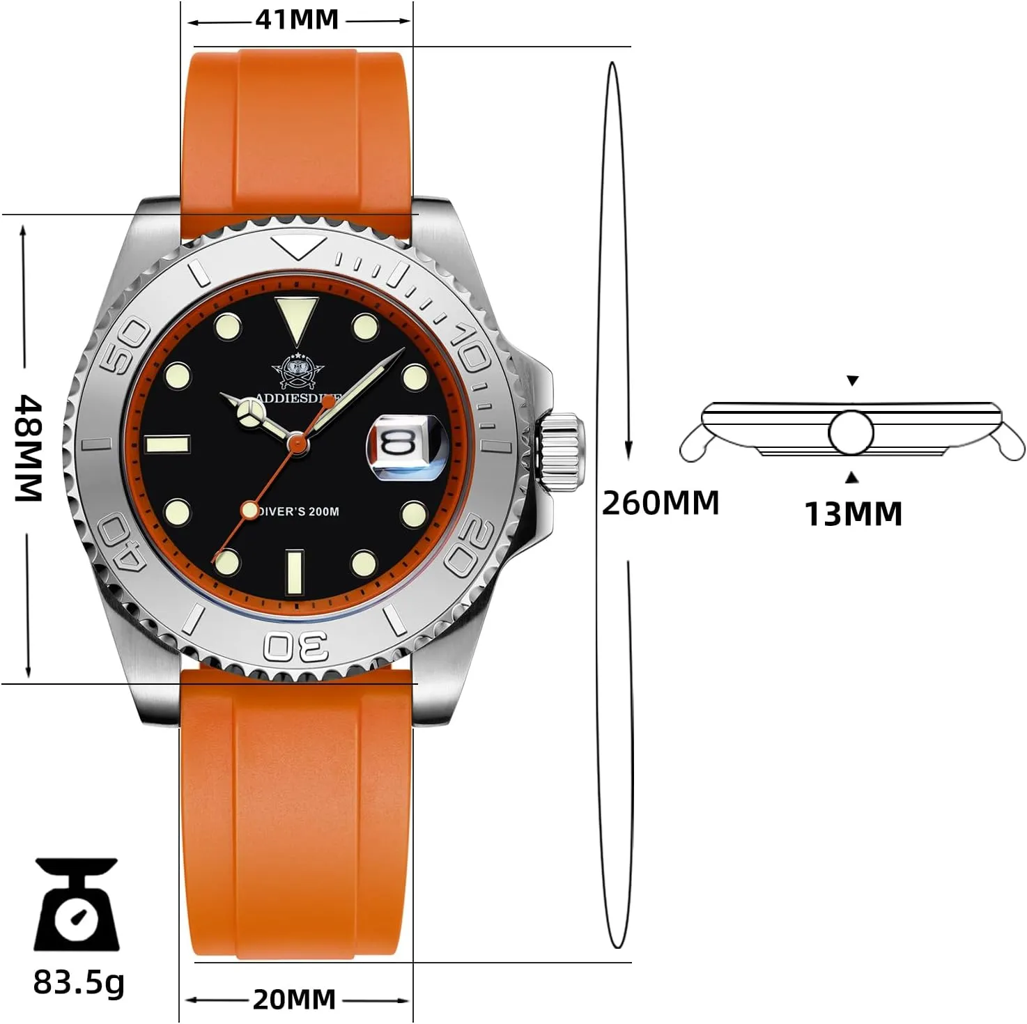 ADDIESDIVE 41MM Mens Watch Quartz Analog BGM9 Luminous 200M Waterproof Watches for Men Rotatable Bezel Easy to Read Dial with Soft and Breathable Rubber Band AD2040
