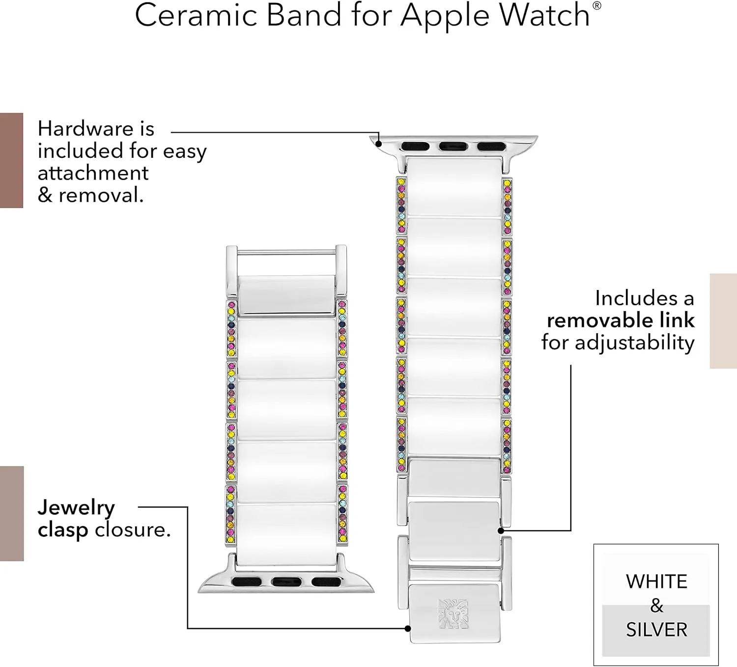 Anne Klein Ceramic Link Fashion Bracelet for Apple Watch, Secure, Adjustable, Apple Watch Replacement Band, Fits Most Wrists