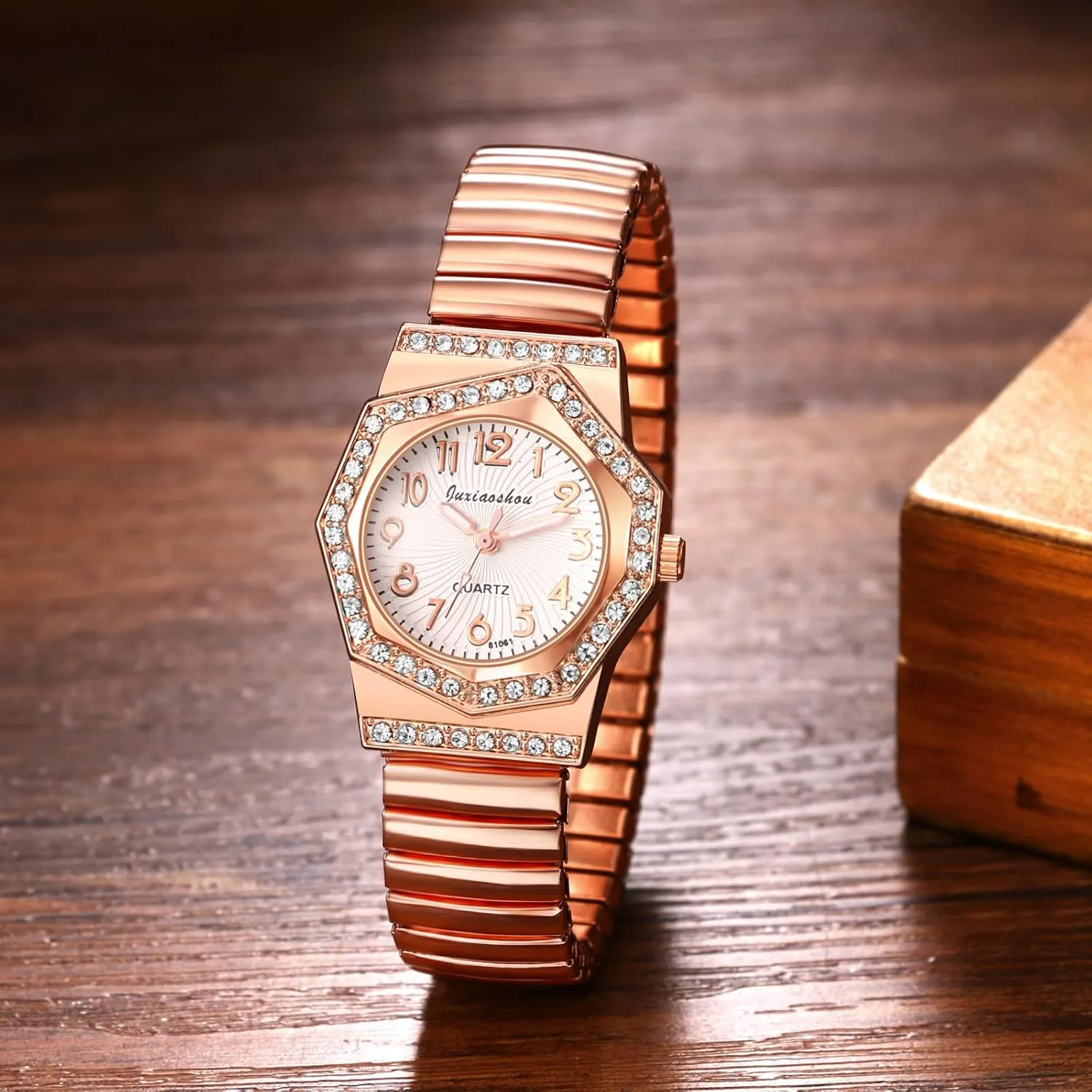 Avaner Women's Elastic Wrist Watches: Rhinestones Stretch Band Rosegold Octagonal Analog Quartz Bling Watch