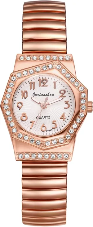 Avaner Women's Elastic Wrist Watches: Rhinestones Stretch Band Rosegold Octagonal Analog Quartz Bling Watch