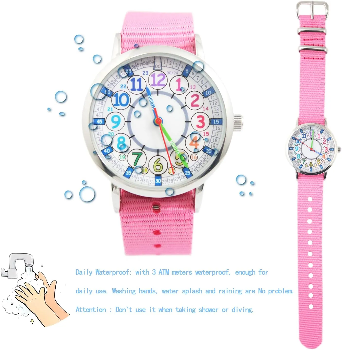 Bigbangbang Kids Analog Watch Learning Time Watch, First Watch Soft Cloth Strap,Read time Study Time Todder Watch,Kindergarten Learn Time Watches,Pink Girl Watch Girls Ages 7-10