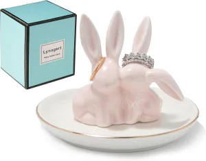 Bunny Ring Holder - Ceramic Jewelry Dish for Rings, Earrings, Necklace Organizer - Rabbit Trinket Tray, Wedding Engagement Holder (Pink)