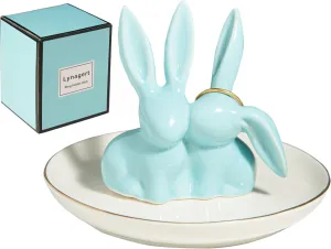 Bunny Ring Holder Rabbit Ring Dish Ceramic Jewelry Holder Dish Trinket tray for Rings Earrings Necklace Organizer, Wedding Engagement Ring Holder (Blue)