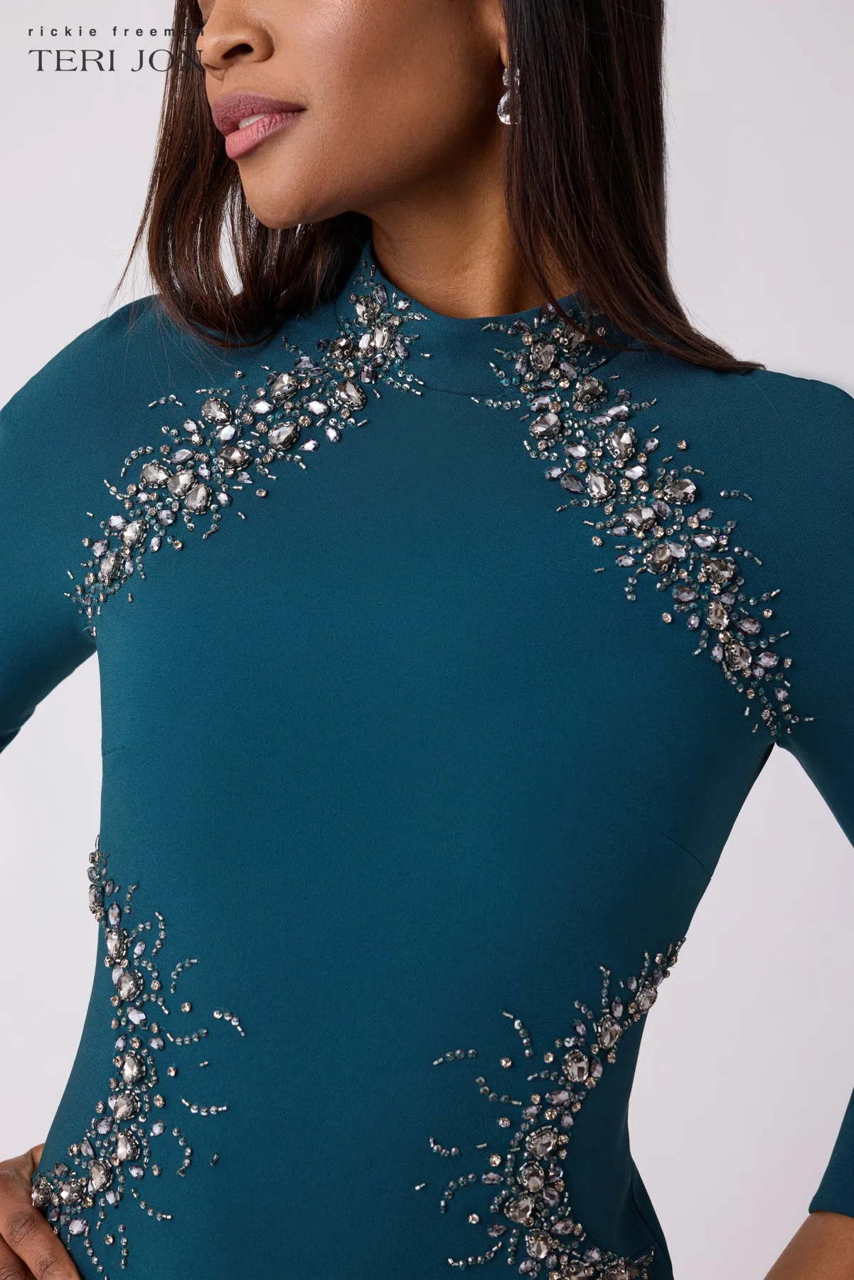 Crepe Stretch Mock Neck Dress With Jewel Trim