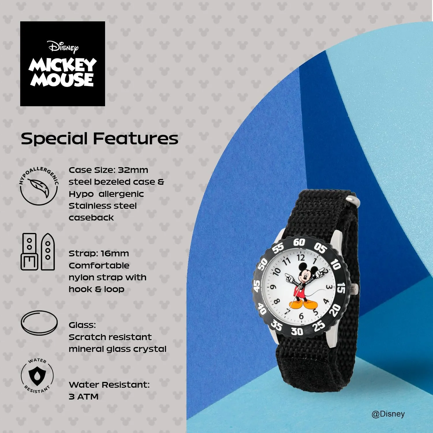 Disney Mickey Mouse Kids' Bezel Stainless Steel Time Teacher Analog Nylon Strap Watch