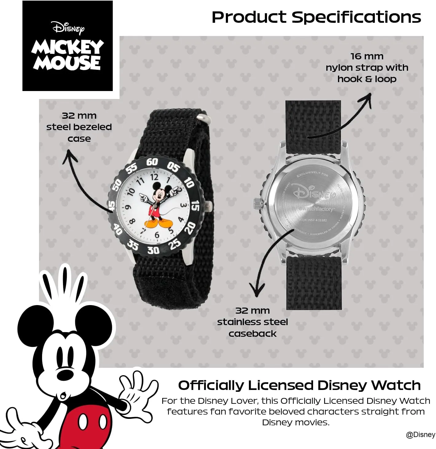Disney Mickey Mouse Kids' Bezel Stainless Steel Time Teacher Analog Nylon Strap Watch