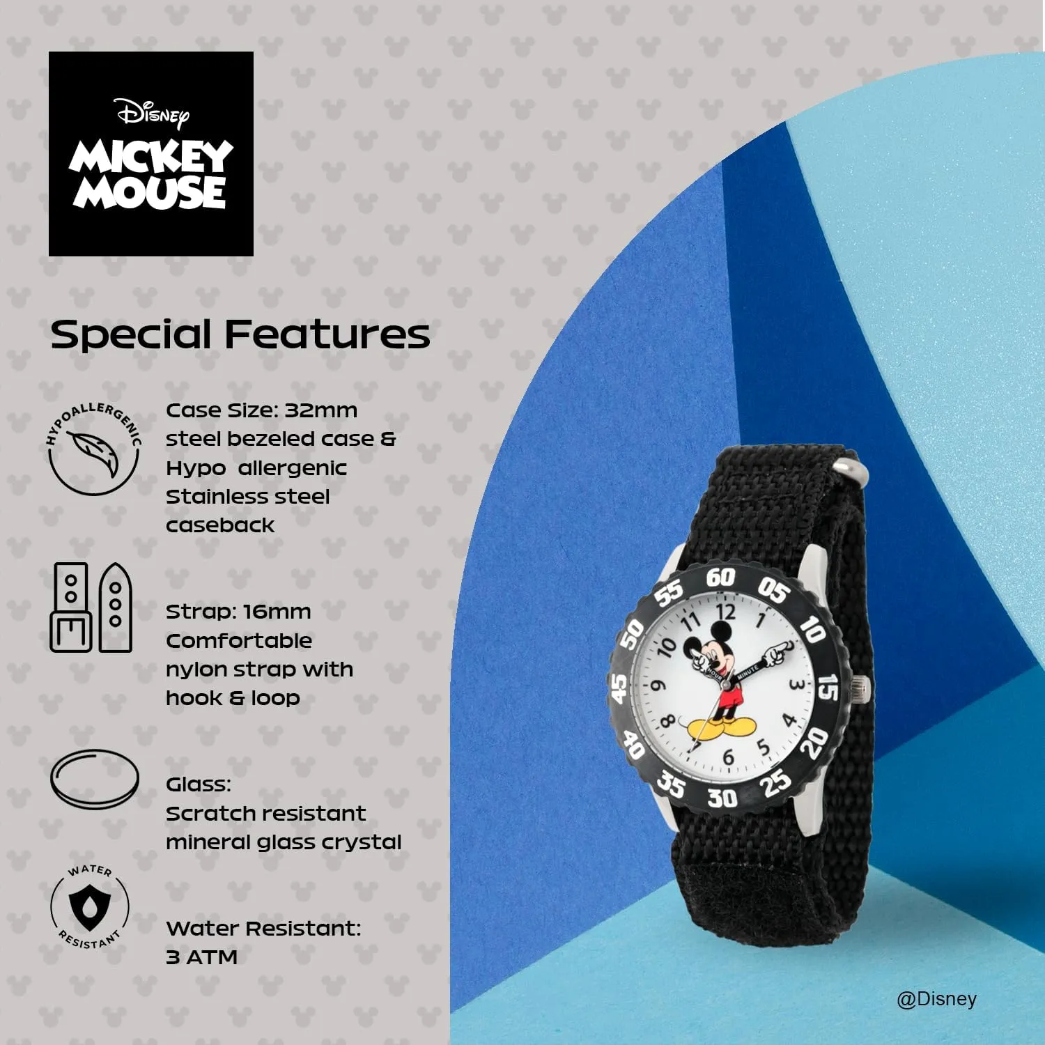 Disney Mickey Mouse Kids' Bezel Stainless Steel Time Teacher Analog Nylon Strap Watch