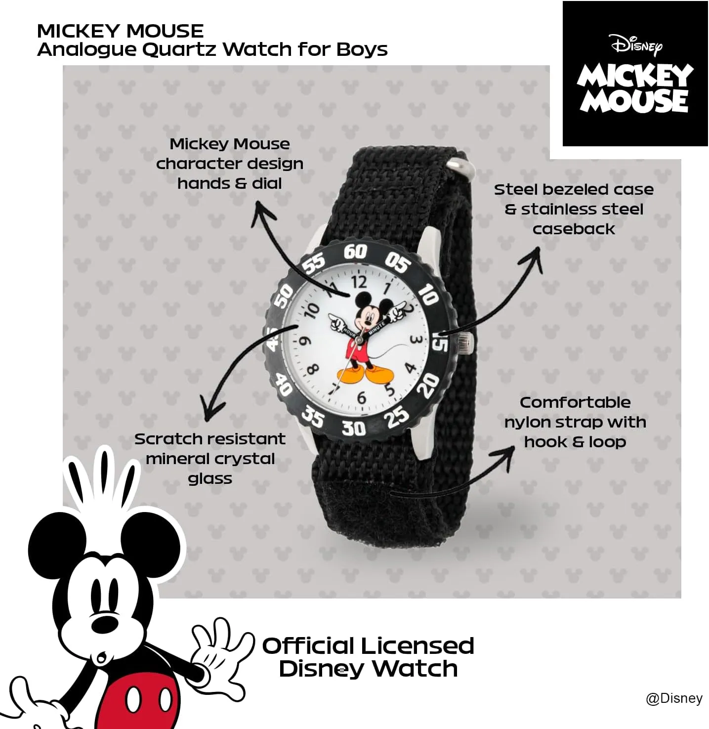 Disney Mickey Mouse Kids' Bezel Stainless Steel Time Teacher Analog Nylon Strap Watch