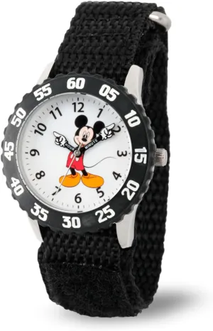 Disney Mickey Mouse Kids' Bezel Stainless Steel Time Teacher Analog Nylon Strap Watch