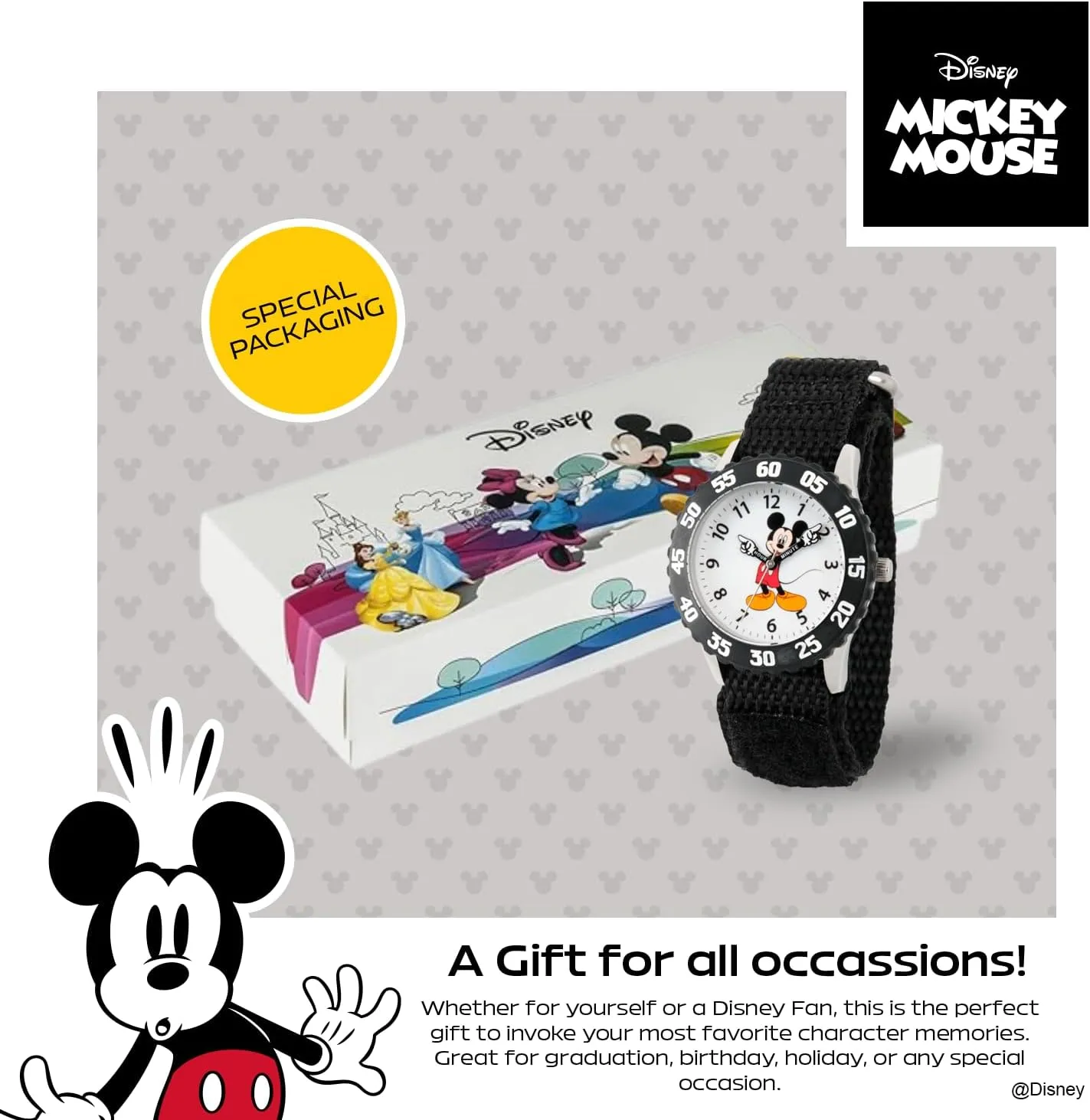 Disney Mickey Mouse Kids' Bezel Stainless Steel Time Teacher Analog Nylon Strap Watch