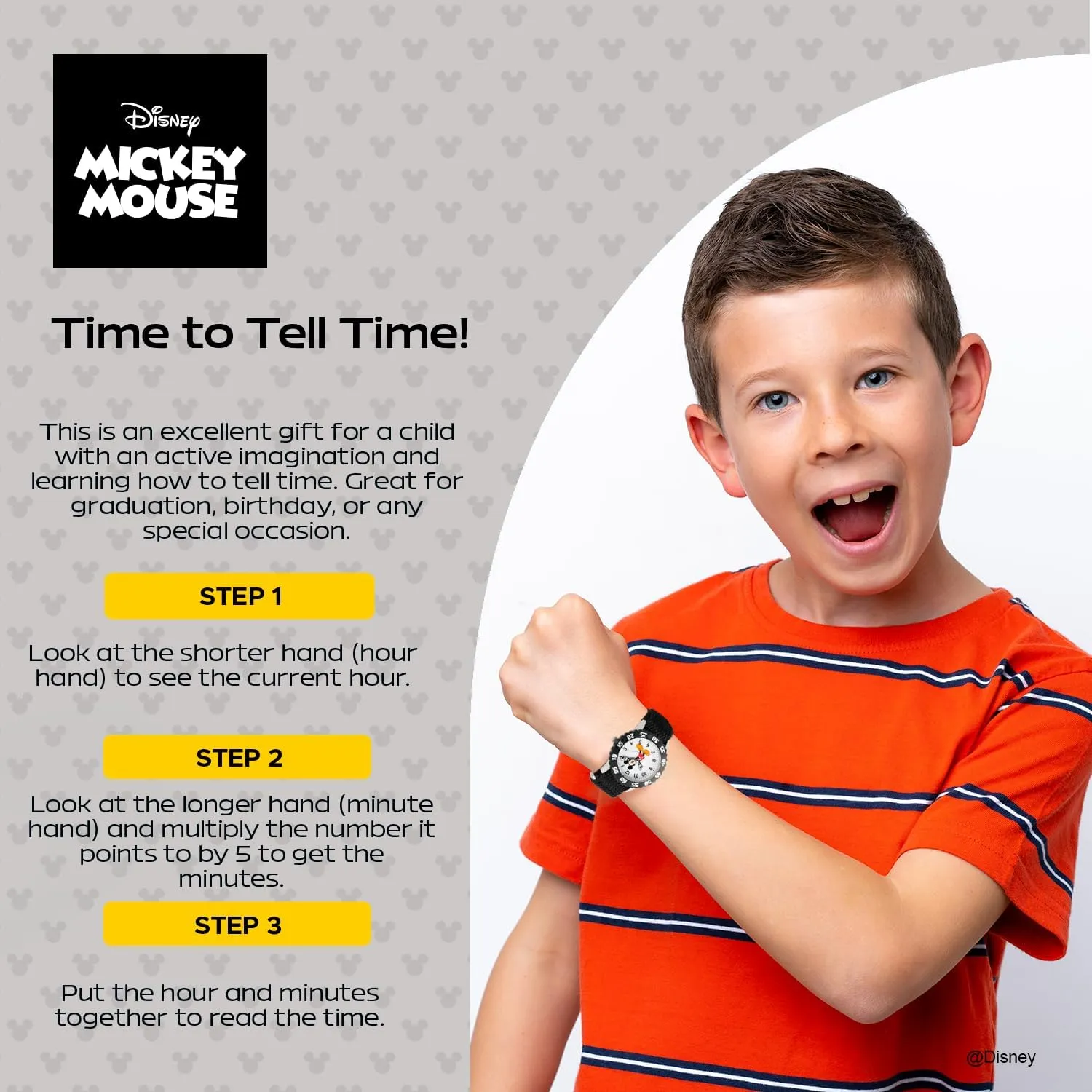 Disney Mickey Mouse Kids' Bezel Stainless Steel Time Teacher Analog Nylon Strap Watch