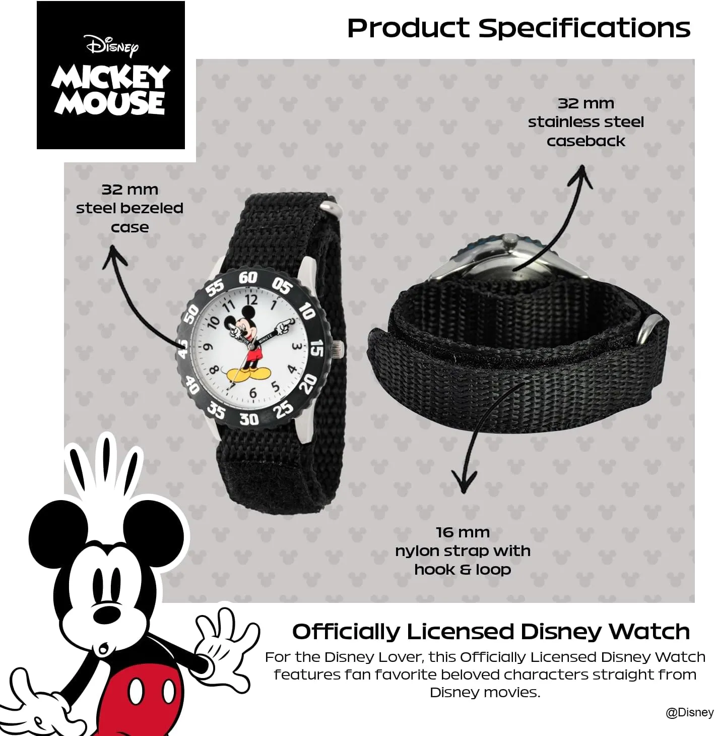 Disney Mickey Mouse Kids' Bezel Stainless Steel Time Teacher Analog Nylon Strap Watch