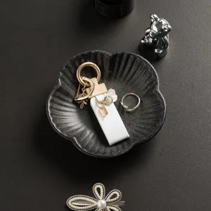 Flower Shape Ring Tray, Key Bowl, Ceramic Trinket Tray Decorative Jewelry Dish for Rings Necklace Earring Key Watch, Home Decoration for Friend Sister Mom (Black)