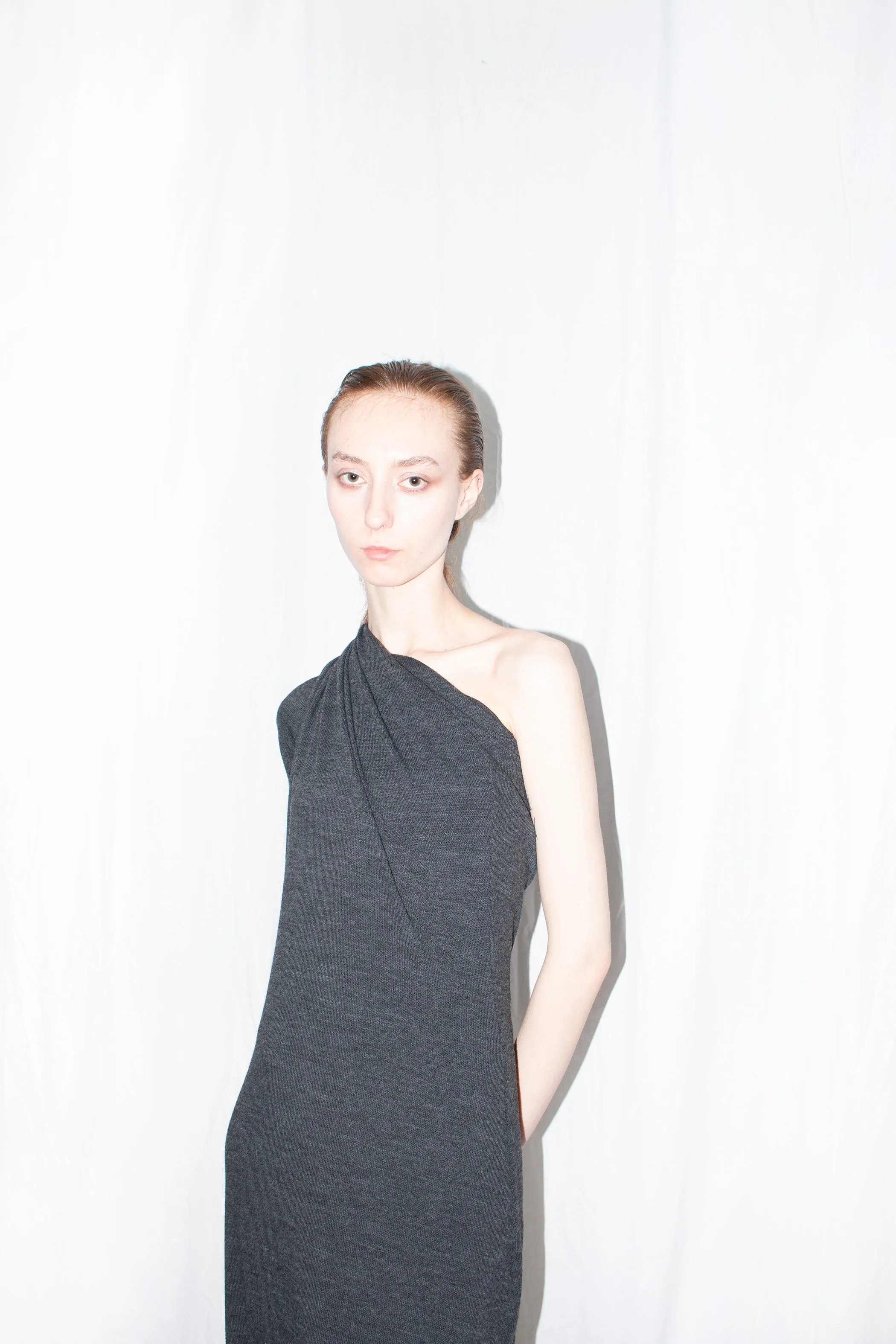 Grey off-shoulder wool jersey dress