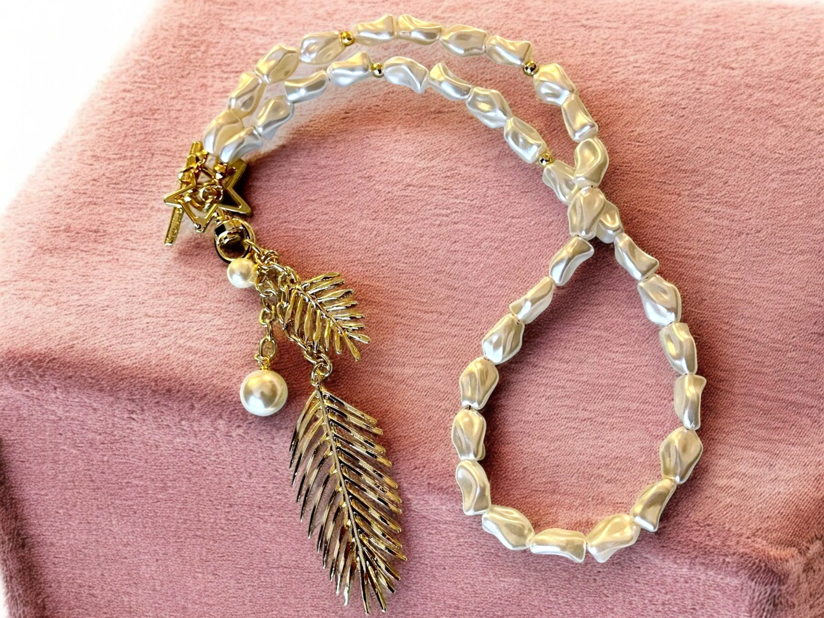 Handmade Gold Plated Leaf Feather Long Pearl Necklace, Baroque Pearl Pendant Necklace with Star and Leaf Charms