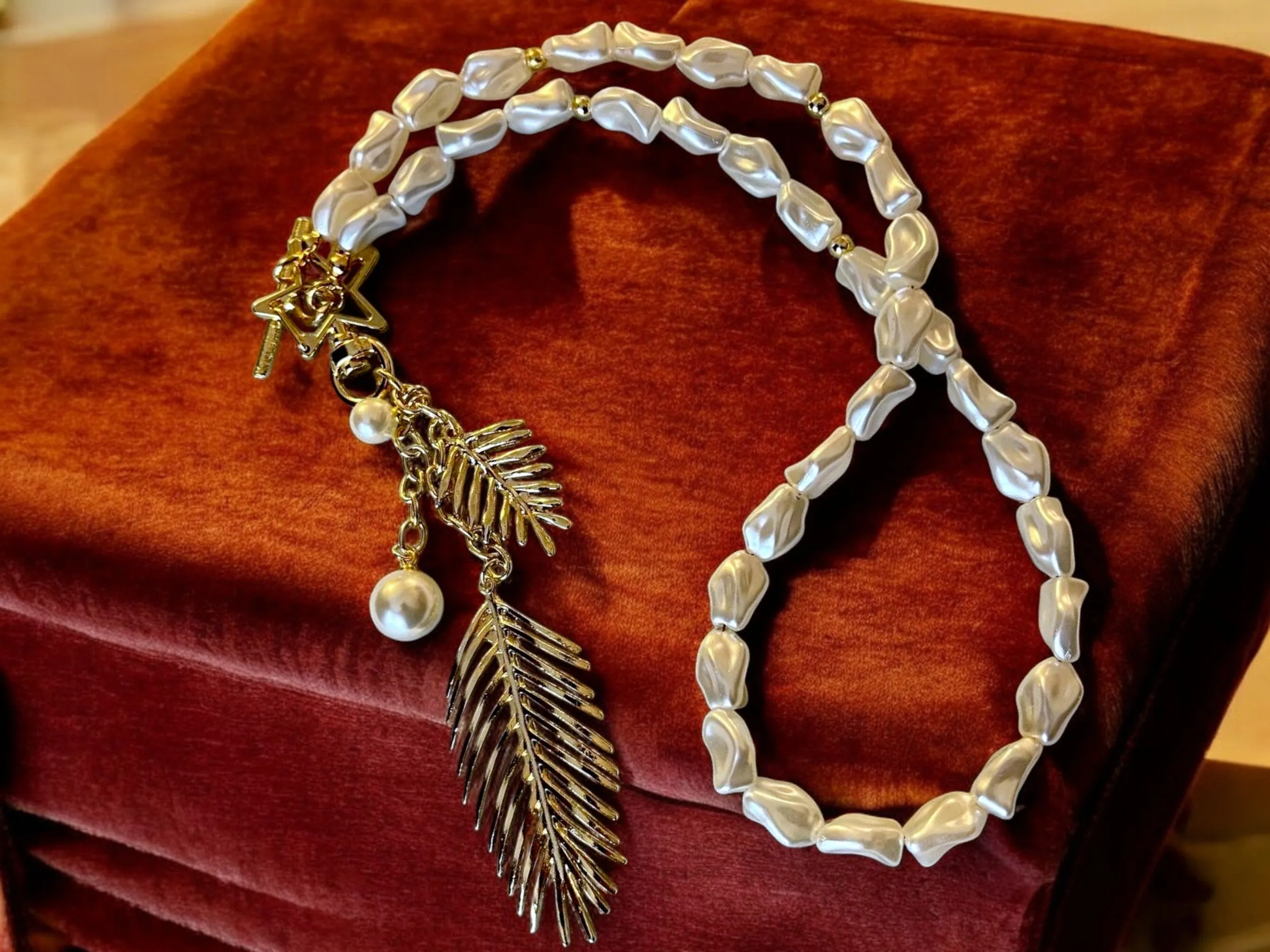 Handmade Gold Plated Leaf Feather Long Pearl Necklace, Baroque Pearl Pendant Necklace with Star and Leaf Charms
