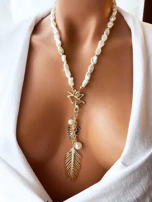 Handmade Gold Plated Leaf Feather Long Pearl Necklace, Baroque Pearl Pendant Necklace with Star and Leaf Charms