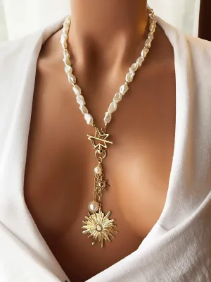 Handmade Gold Plated Long Pearl Necklace, Baroque Pearl Pendant Necklace with Star and Leaf Charms
