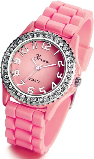 Lancardo Silicone Ceramic Style Pink Wrist Watch Silver Trim and Sparkly Rhinestones Surround Bezel Women's Wristwatch Christmas Birthday