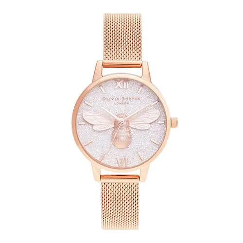 Olivia Burton Rose Gold Plated Glitter Dial Lucky Bee Mesh Watch